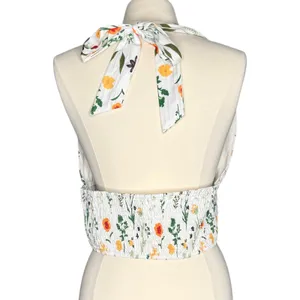 Floral Crop Top Halter Button Up Smocked Open Back Boho Cottagecore White XL thumbnail 2