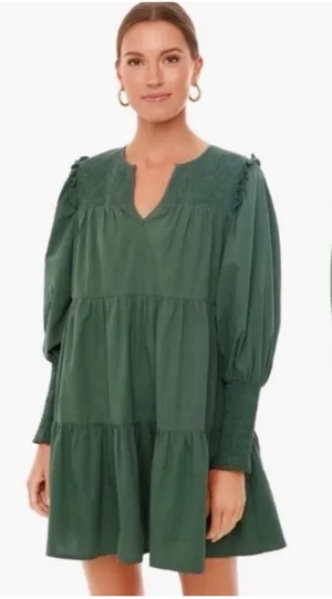 Pomander Place x Tuckernuck Green Smocked Tier‎ Mini Dress Cotton Long Sleeve S thumbnail 1