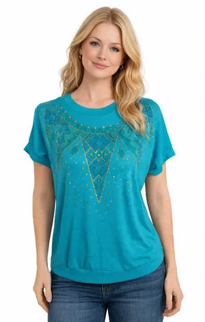 Vintage 80s Teal Gold Glitter Geometric Graphic Top Metallic Print Shirt thumbnail 1