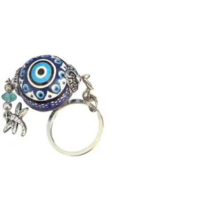 Turkish Evil Eye Ceramic Bead Keychain Dragonfly Silver Tone 5" Long 21.16g thumbnail 5