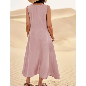 Sleeveless 100% Cotton Midi Dress with Pockets Pink Red size 14 thumbnail 3
