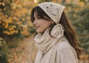 Boho Crochet Triangle Head Scarf Bandana Ivory Tie Back thumbnail 10