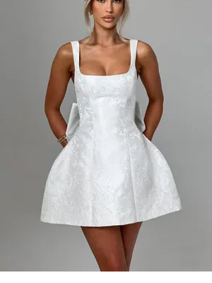 Babyboo Orla Mini Dress - Ivory. Square-Neck White Jacquard A-Line Wedding Dress thumbnail 12