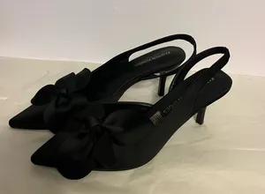 Fashion (38) Black Satin Sling Back With Flower On Top Nwot thumbnail 1