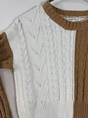 Derek Heart Women’s Small Brown Ivory Colorblock Cable Knit Cropped‎ Sweater thumbnail 5
