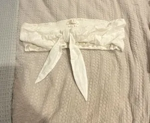 By Anthropologie White Smocked Tie Front Bandeau Crop Top XL thumbnail 1