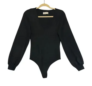 Abercrombie Fitch‎ Black Long Puff Sleeve V Neck Bodysuit Cozy Staple Soft M thumbnail 1
