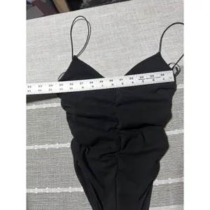 Zara Black Ruched Spaghetti Strap High‎ Cut Bodysuit Sleeveless V-Neck Top thumbnail 3