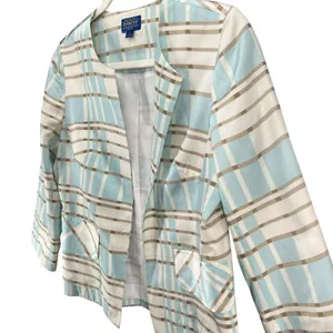 Pendleton Silk Blend Blazer Jacket 4 Blue Tan White Plaid Open Preppy‎ Summer thumbnail 3