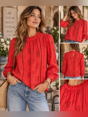Nicole Miller Artelier Long Sleeve High Neck Eyelet Blouse Size Large thumbnail 2