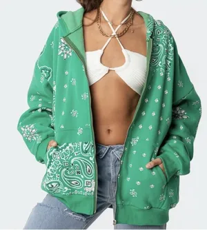 Edikted Green Bandana Paisley Print Zip Up Oversized Hoodie Size XS/S thumbnail 1