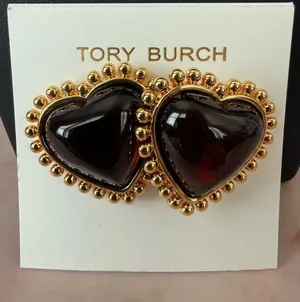 Tory Burch | Gold Plated Dark Cherry Heart Stud Earrings thumbnail 1