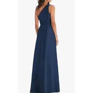 Alfred Sung A-Line Gown Women's 2R Navy Blue One-Shoulder Maxi Draped D815S NWT thumbnail 2