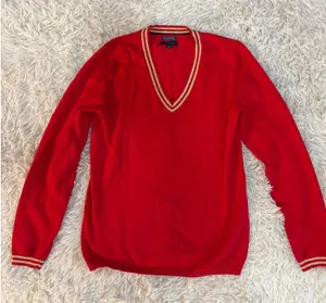 Vintage Tommy Hilfiger Red V Neck Sweater Gold Trim Pima Cotton‎ Blend Size M thumbnail 1