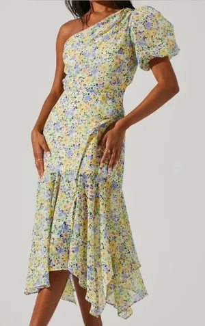 ✨ ASTR The Label Santorini Floral One‎ Shoulder Dress Yellow Green S ✨ thumbnail 1