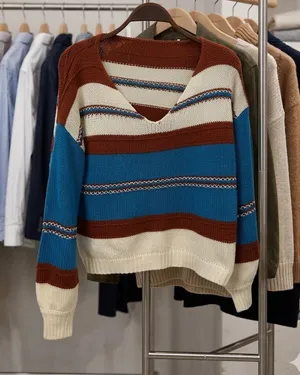 SHEIN Striped V-Neck Sweater in Blue, Cream & Brown thumbnail 1