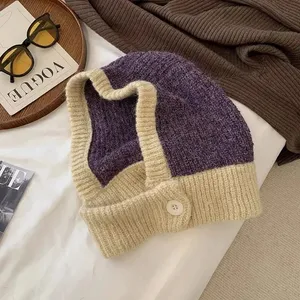 NWOT Purple Beige Button Balaclava Winter Knit Hoodie Hood Hat thumbnail 1