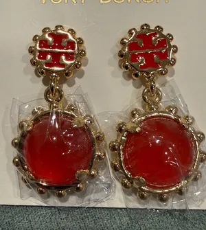 Tory Burch | Red/Orange Gold Plated Drop Logo Earrings thumbnail 1