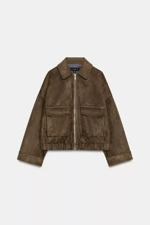 Zara Brown Tan Suede Faux Leather Bomber Jacket Outerwear thumbnail 10