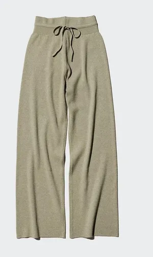 UNIQLO Womens Ribbed Knit Wide Leg Lounge Pants Size S Green Drawstring Casual thumbnail 1