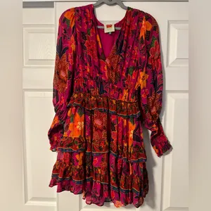 Farm Rio Tropical Derby Dress Bohemian‎ Floral Orange Pink Fairy Whimsical thumbnail 4
