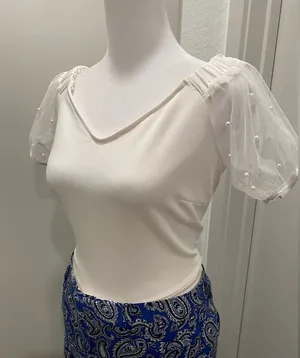 White Blouse Crop Top With Mesh & Pearl Detail Puff Sleeves - M thumbnail 1