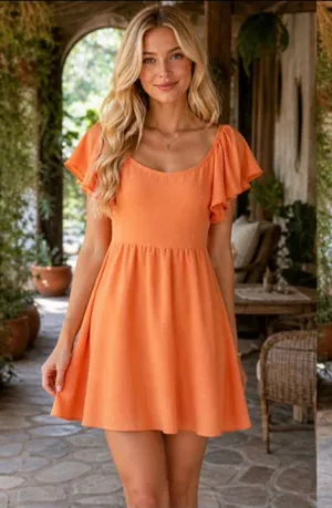 Women's See You Monday Orange Ruffle Sleeve Open Back Mini Dress M thumbnail 1