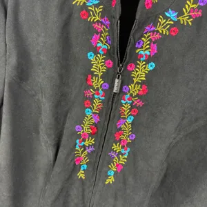 Elementz Floral Embroidered Faux Suede Zip Up‎ Jacket XL Black Retro Y2K Hippie thumbnail 2