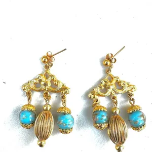 Gold tone and blue beaded vintage earrings thumbnail 5
