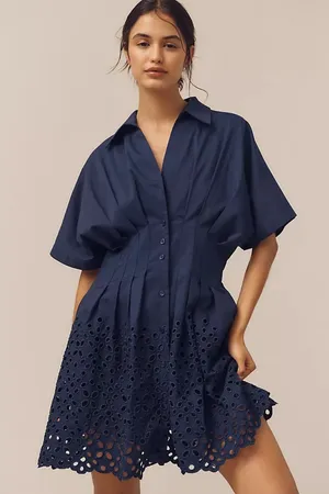 NWT Anthropologie Exquise Navy Eyelet Mini Shirt Dress size M thumbnail 1