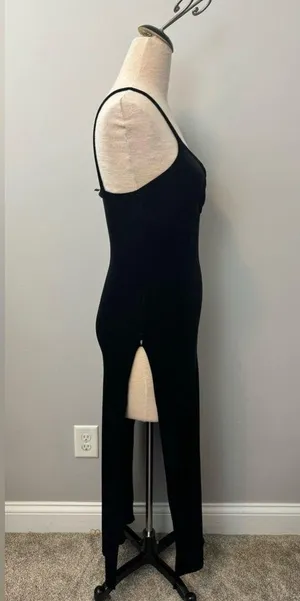 Rave City Vintage Black velour velvet bodycon slit spaghetti strap dress medium thumbnail 2