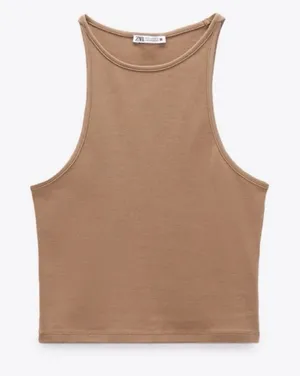 Zara Sleeveless Ribbed High-Neck Tank Top in Tan thumbnail 1