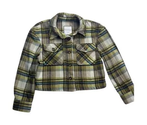 Bagatelle‎ Cropped Shacket Womens Size S Green Plaid Wool Blend Button thumbnail 1