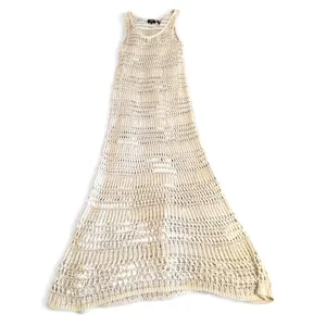 Theory Crochet Maxi Dress L Cream Cotton Open Knit Sheer Beach Cover Up Boho thumbnail 3