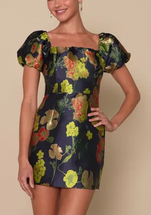 NWT Lulus So Stunning Navy Floral Jacquard Puff short Sleeve Mini Dress cocktail thumbnail 1