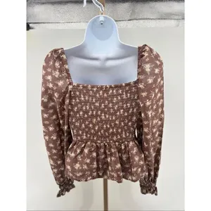 Dizzy Lizzy Smocked Peplum Floral Blouse XS Brown Boho Cottagecore Puff Sleeve thumbnail 11