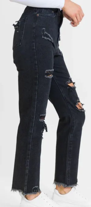 Pink Lily Megan Black Wash Distressed Straight Leg Tall Mom Jeans thumbnail 2
