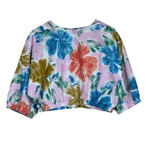 NWT Aureum Floral Puff Sleeve Cropped Blouse Pink Blue Botanical Boho Size M thumbnail 2