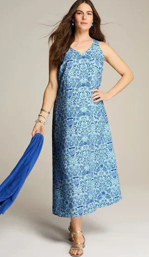 J Jill Love Linen‎ Maxi Dress Women XS Blue White Linen Floral Lagenlook Boho thumbnail 1