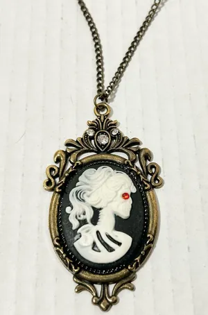 Victorian Style Skeleton Woman / Lady Cameo Pendant Necklace-Goth thumbnail 1