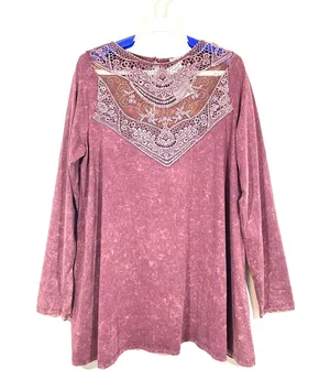 Easel Size Large Mineral Wash Dark Mauve Tunic Lace Yoke Back Button Detail NEW thumbnail 1