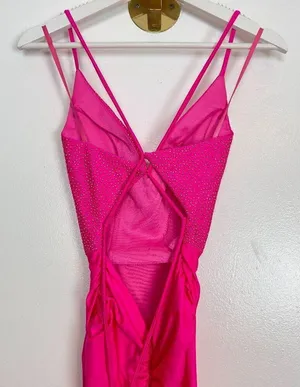 LA FEMME Tie Back Sequin Trumpet Gown in Neon Pink Size US 0 thumbnail 8