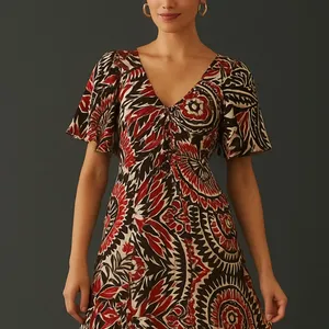👗🌟Anthropologie Tiered Maxi Dress XS Boho Cutout Flutter Sleeve Red Black Print thumbnail 14