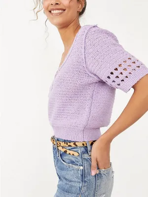 FREE PEOPLE Bree Cropped Pullover in Glimmer in Lilac Purple Sz. Medium thumbnail 6