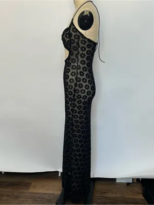 Sheer Floral Cutout Halter Maxi Dress - Black thumbnail 3