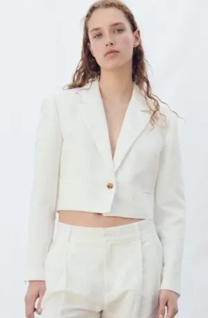 Zara linen Cropped Women's Blazer Jacket in Ivory thumbnail 1