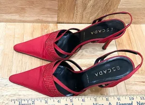 Vintage ESCADA Red Satin Embellished Pointy Toe Sling Back High Heels Pump 37 thumbnail 7