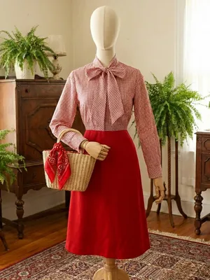 Vintage 70s Gingham Prairie Dress Country Miss Red Cottagecore Picnic Bow Midi M thumbnail 3