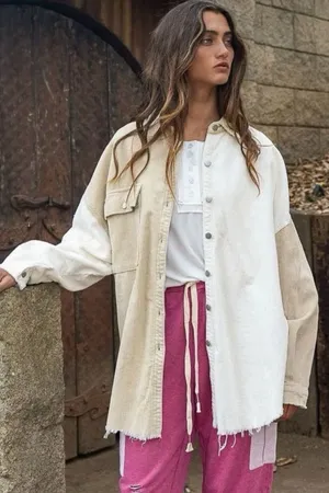 POL color block corduroy Shacket jacket shirt jacket with raw hem thumbnail 1