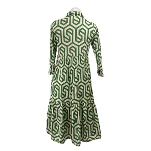 Zara Karen Green Geometric Long Sleeve Button Tiered A Line Midi Dress Size XS thumbnail 4